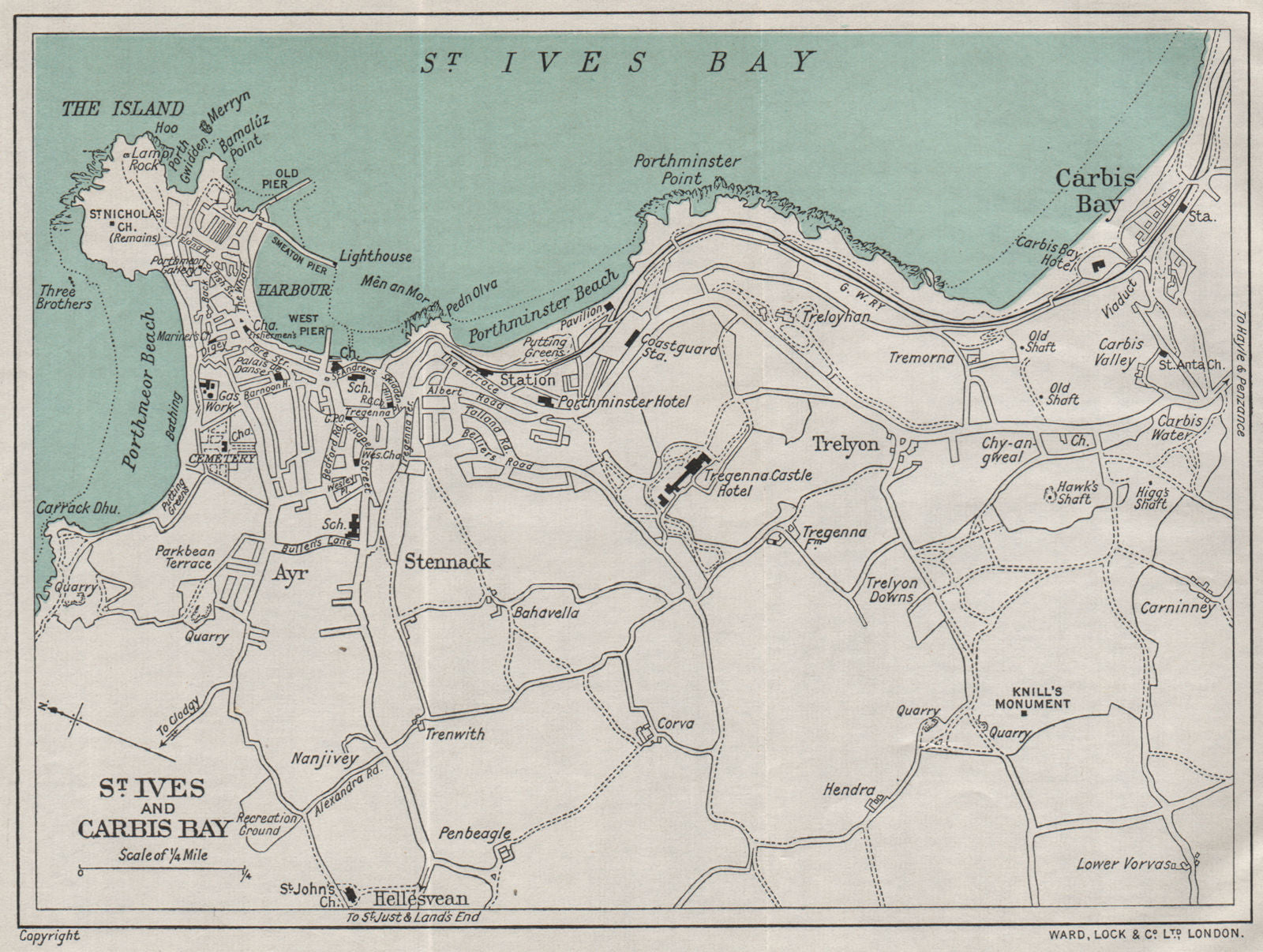 ST. IVES AND CARBIS BAY vintage town/city plan. Cornwall. WARD LOCK 1933 map